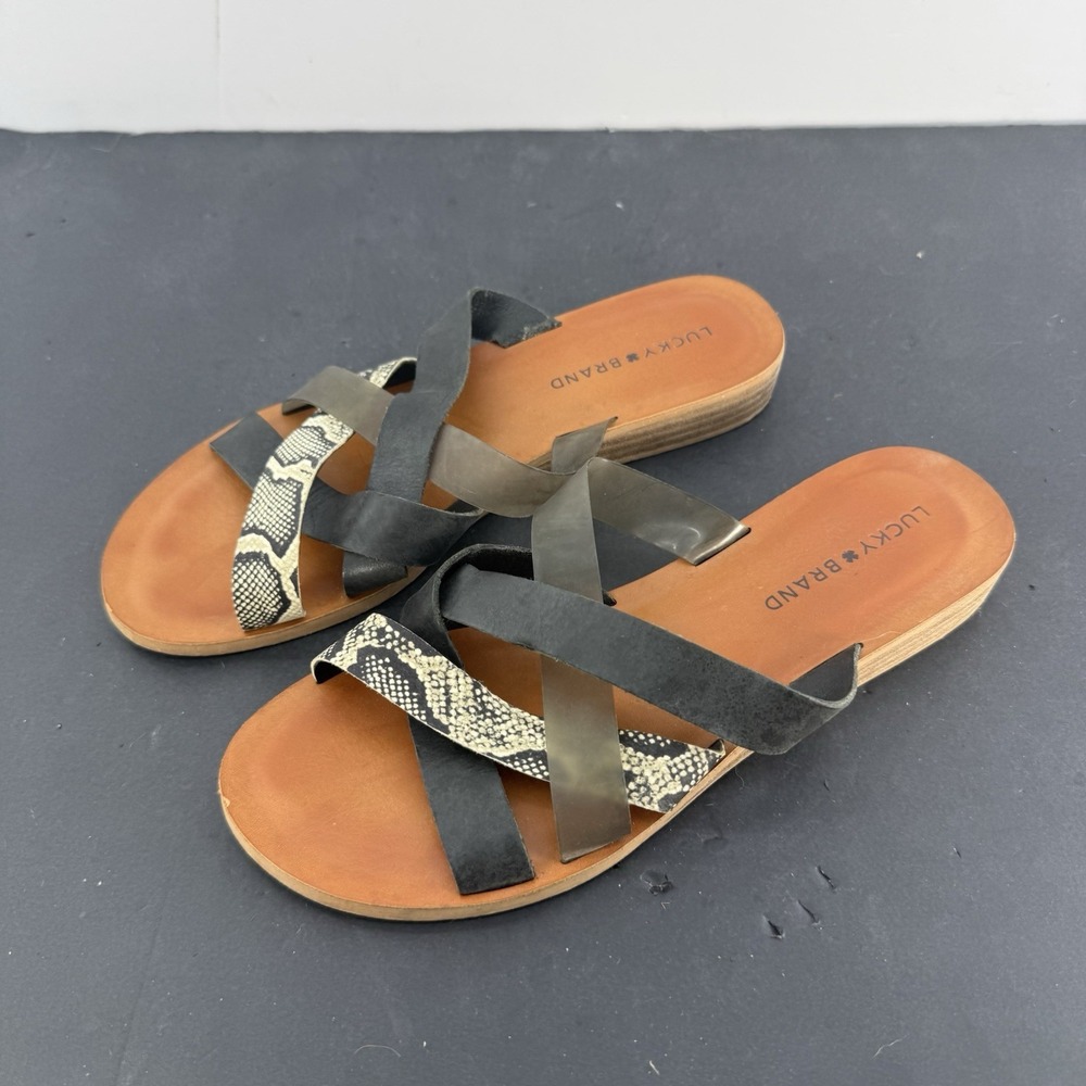 Lucky Brand Sandal 8.5 Hallisa Flat Strappy Boho Beachy Vacation Travel Leather - Picture 2 of 10
